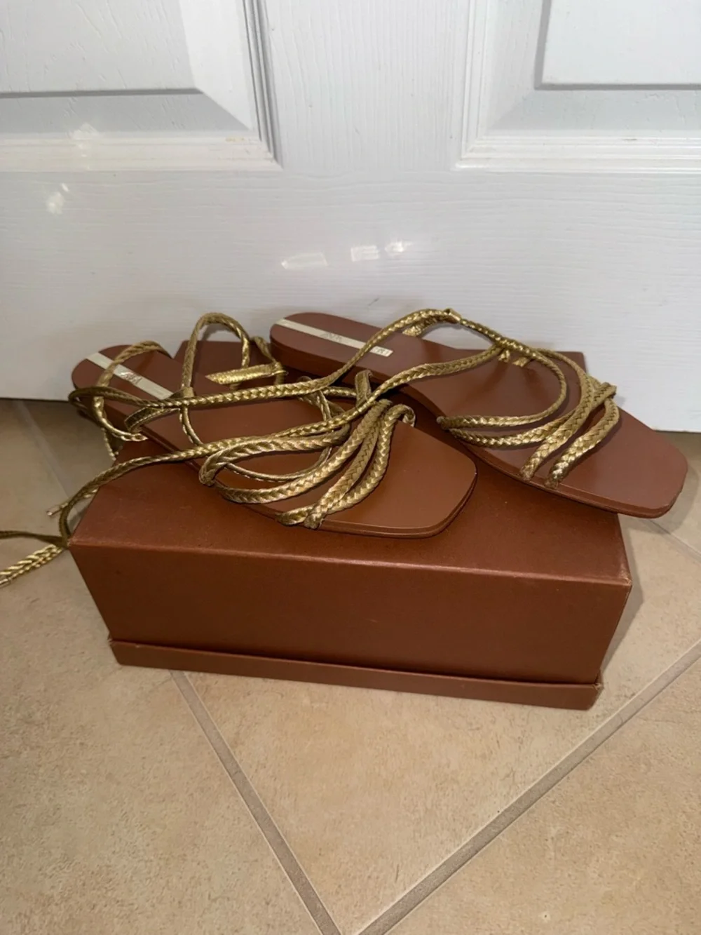Zara Gold Braided Lace-Up Flat Sandals - Picture 4 of 7